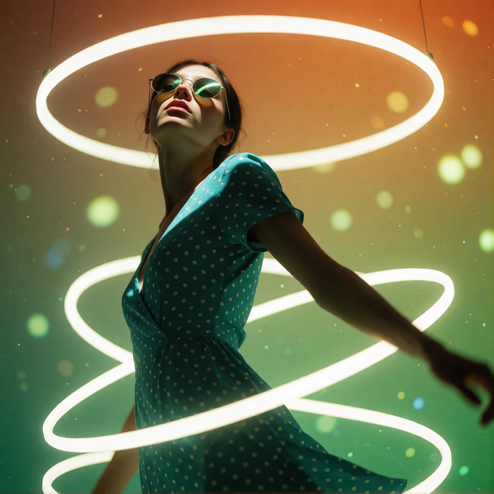 Photo of a young woman looking at the viewer, a low-angle shot captures a woman in a teal polka-dot dress, her head tilted back as she gazes upward through reflective sunglasses. She stands within glowing white circular light fixtures that frame her