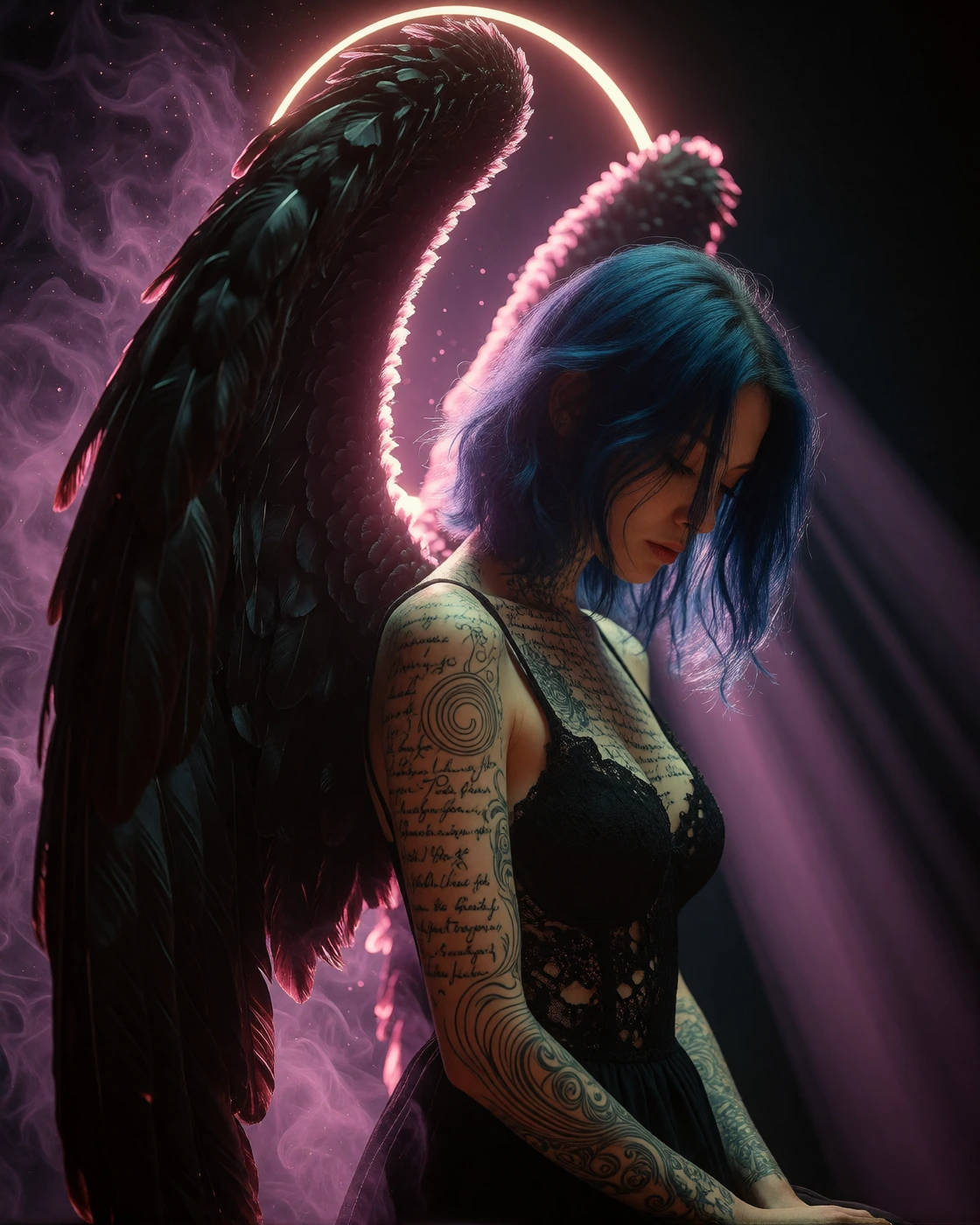 A woman in three-quarter profile with shoulder-length blue hair falling across her face, downcast gaze, wearing black lace; massive dark feathered wings arch behind her, their edges rimmed with soft pink luminescence that bleeds into the surrounding
