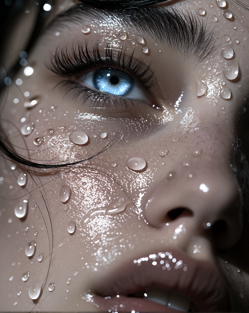 Extreme closeup portrait of a woman, tight composition filling the frame with the right eye and cheek. The eye is open, gazing slightly upward and to the left, with long dark eyelashes. Skin is hyperdetailed with visible pores, texture, and a highglo
