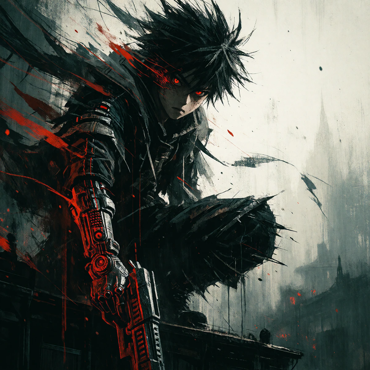 high-contrast illustration of a young male figure with wild, spiky black hair that caught in motion mid-jump from the roof of the building, streaking outward as if whipped by wind or energy. His face is half-shadowed, with intense, glowing red eyes s