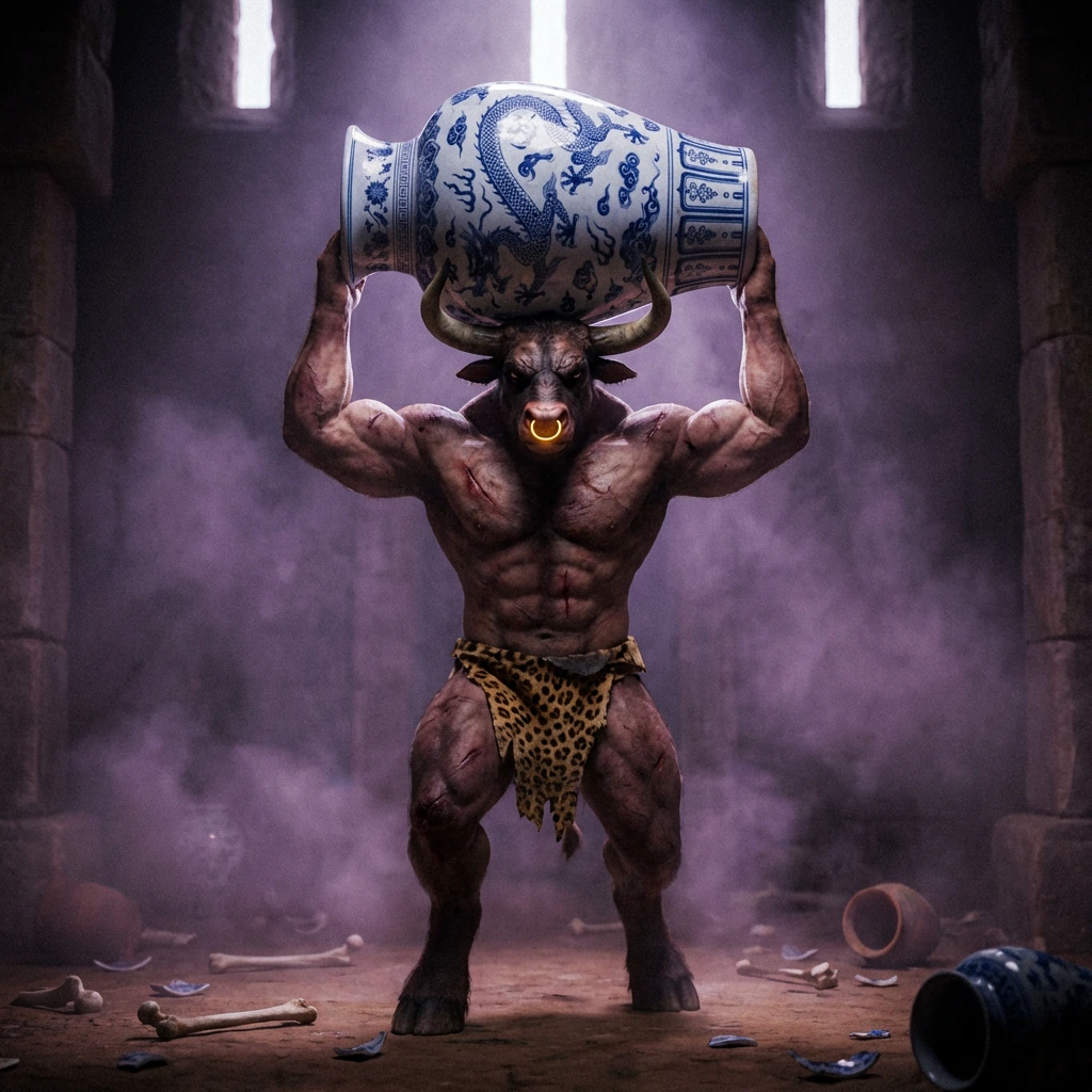 Hyper-realistic, hyper-muscular, long horned, glowing golden Nose ring, battle scared bare chest, Leopard-skin loincloth clad Minotaur, impressive mus