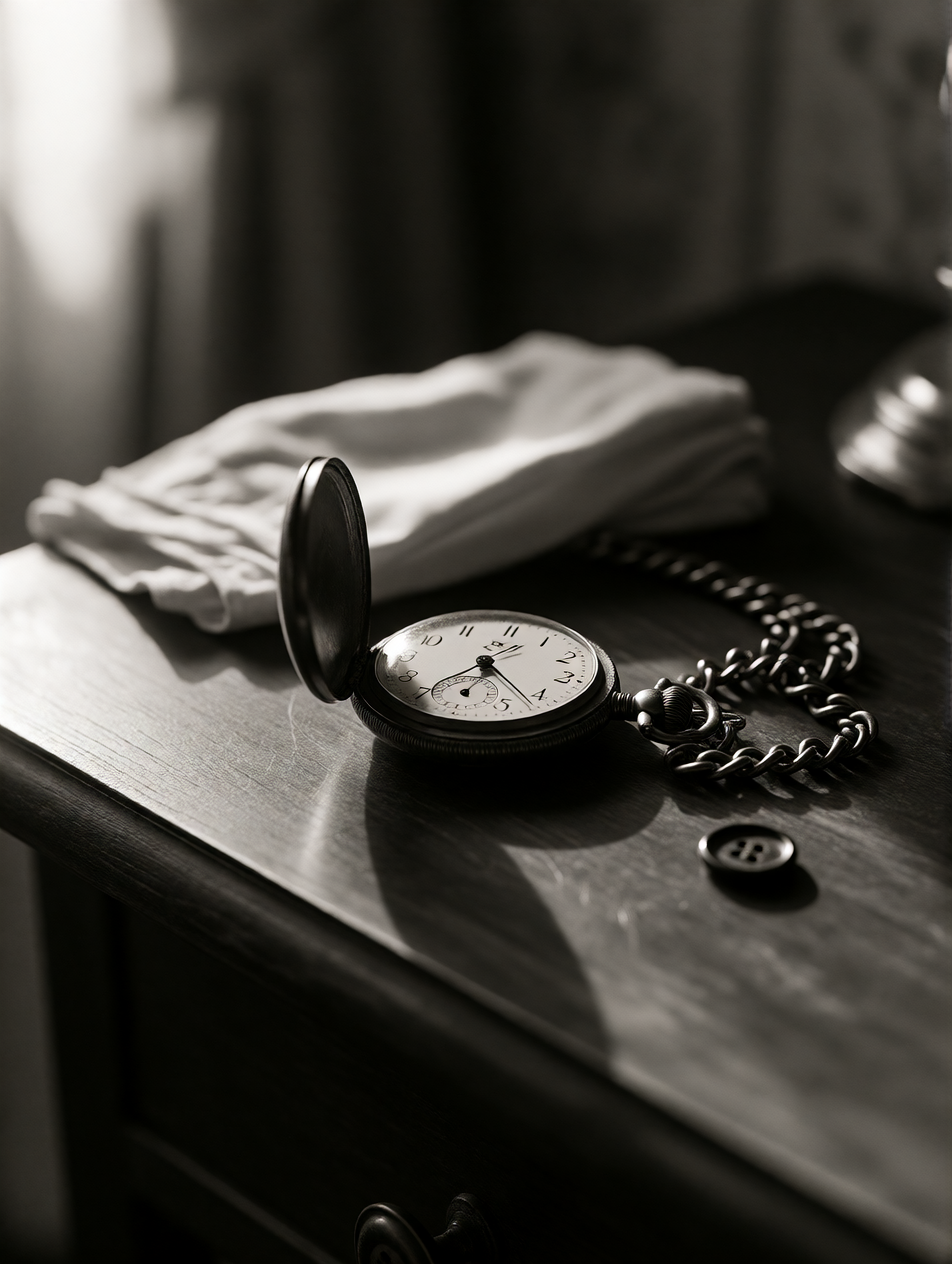 st. louis, 1905. a man's pocket watch sits open on a hotel n…