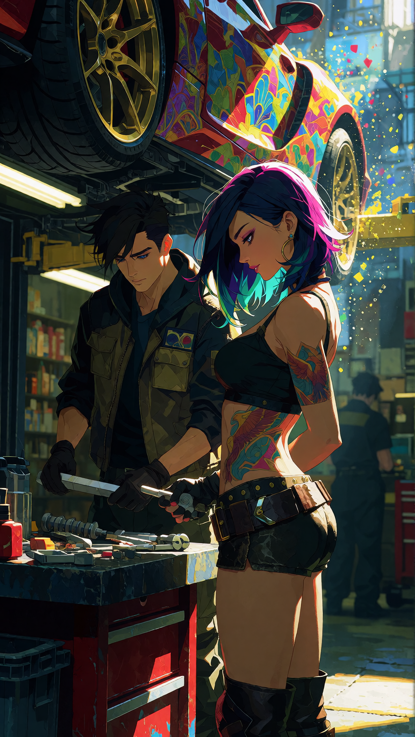 Masterpiece, best quality, ultra-detailed 8K cinematic semi-realistic anime. Phoenix Motorworks shop open. Rory Phoenix and Brandon working together o