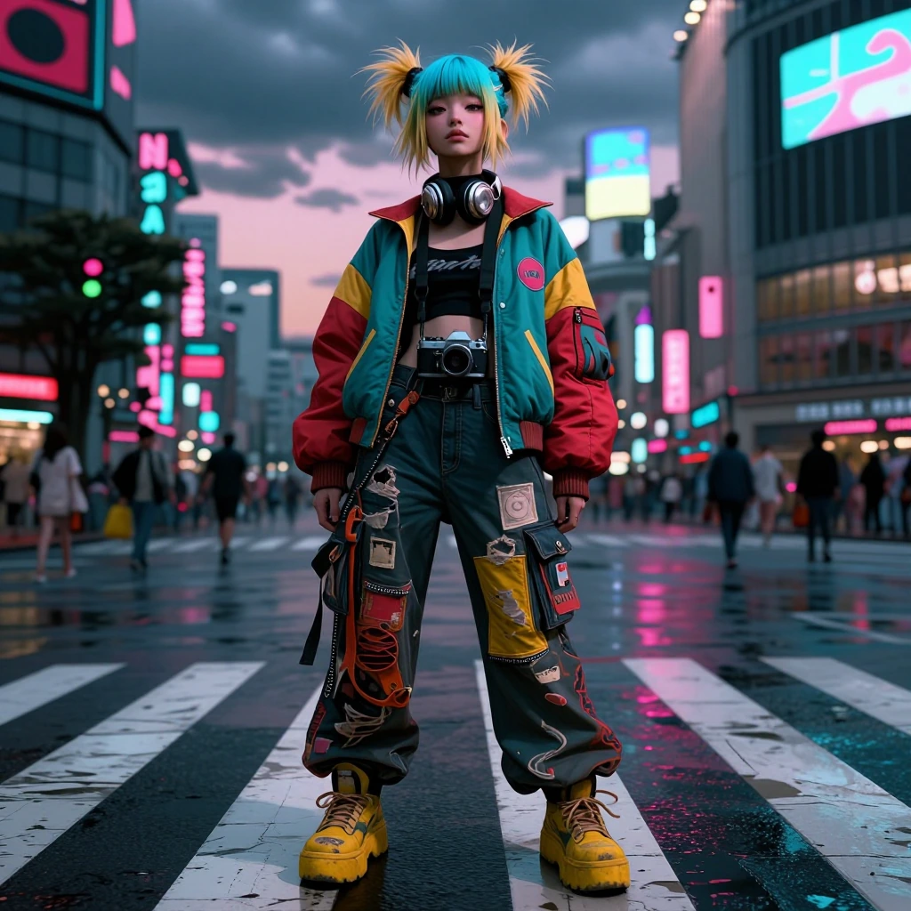 Full-body portrait of a young East Asian woman with a cool, confident expression, standing in the center of the Shibuya Crossing in Tokyo at dusk. Her hair is styled in messy twin space buns, featuring a striking color palette of vibrant cyan blue ro