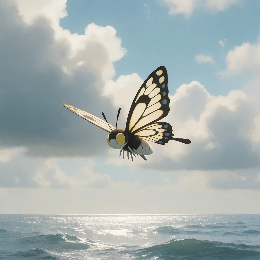 BustDaal, bug, butterfly, cloud, waves, no_humans, sky, flying, outdoors, animal_focus, scenery, wide_shot, water, cloudy_sky, ocean, wings, pokemon_(creature)