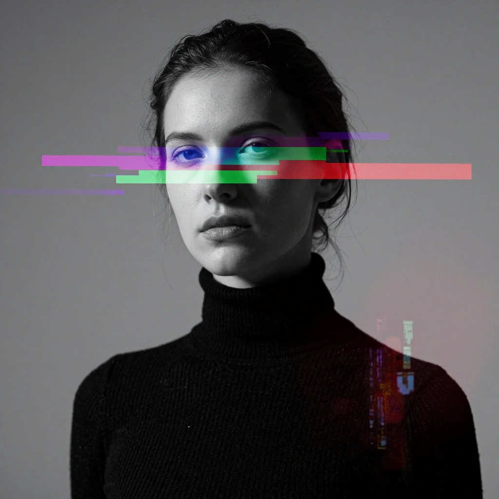 a photoreal black-and-white studio portrait of a woman in a ribbed black turtleneck against a light gray background, her face partially half randomy covered by bold RGB glitch bars and fragmented digital blocks in magenta, cyan, green, and red, hair 