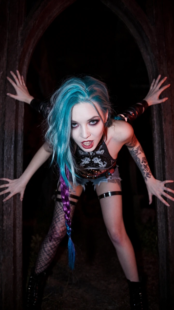 A solo portrait of Jinx, focused entirely on her, pushing into surreal and uncanny territory, distorted features, unsettling gothic atmosphere, deep shadows, raw and feral aesthetic, flat colors, dark and beautiful, center-heavy composition, high con