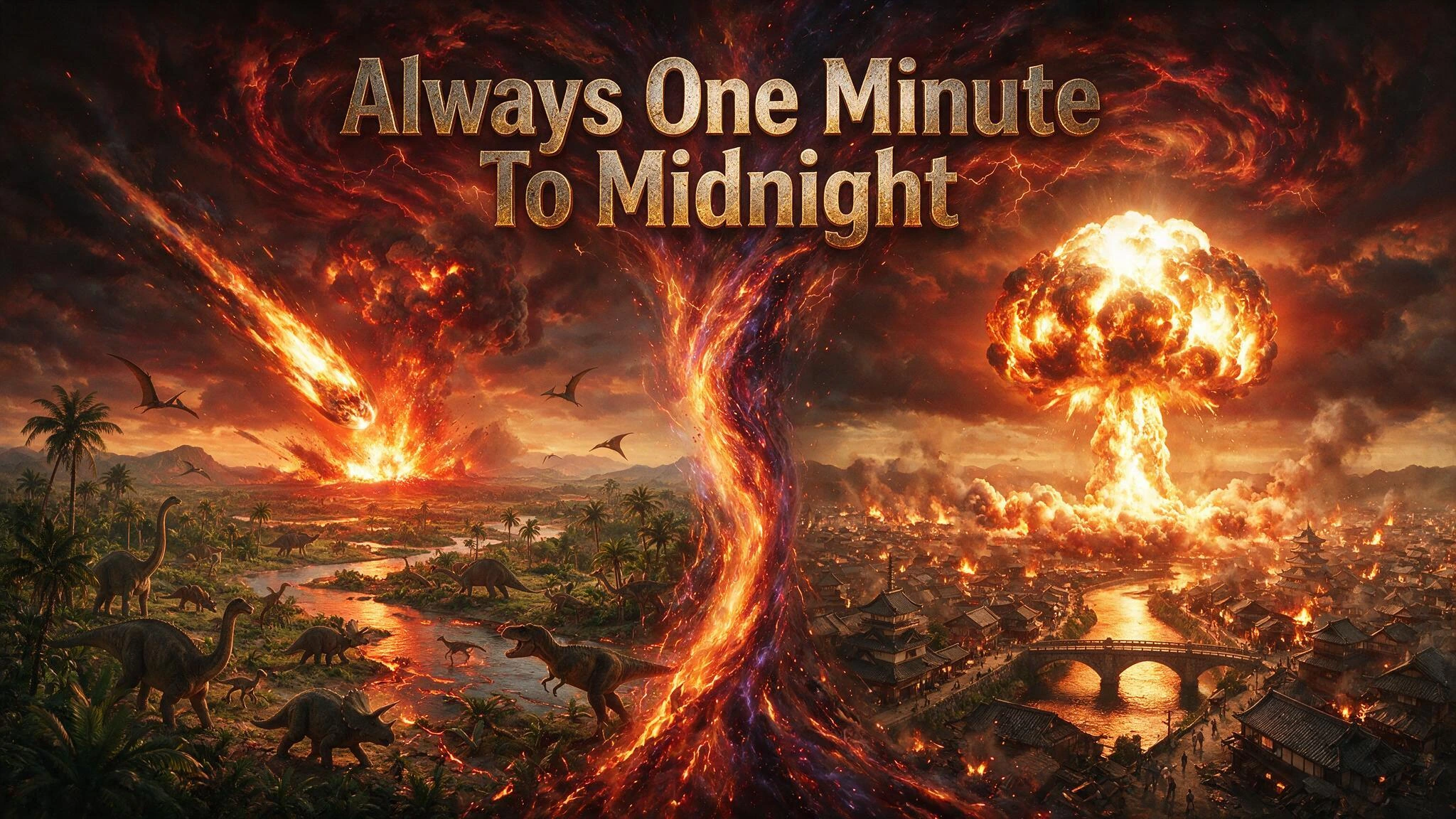 Title "Always One Minute To Midnight" a split screen split by a fiery vortex across time and space. Left the extinction of the dinosaurs via a meteor impact destroying a lush landscape teaming with many types of dinosaurs. On the other side Hiroshima