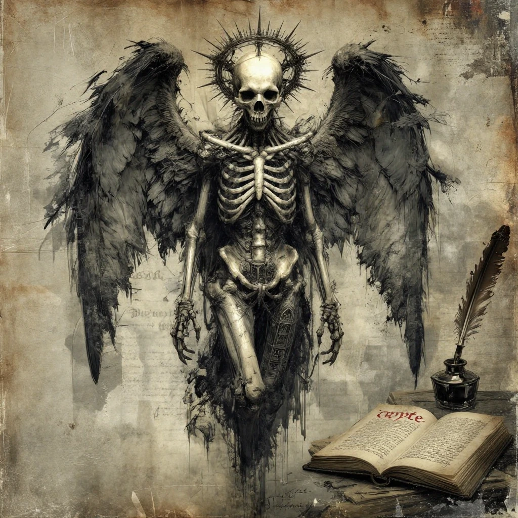 A dark, surreal, biomechanical skeletal angel stands in the centre of a full-length shot. Its skull is adorned with a halo bristling with sharp needles, resembling a crown. Large, jagged, shadowy wings, made of ash and smoke, extend from its spine. T
