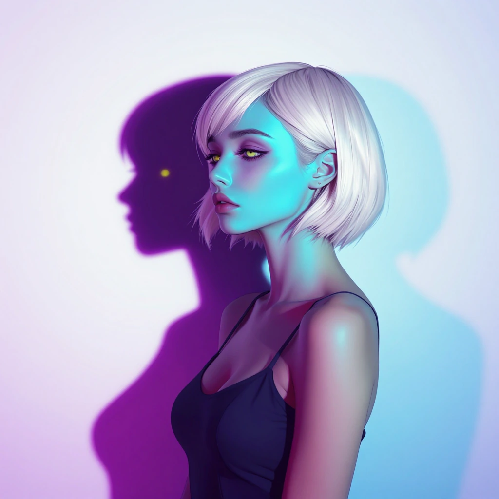 Portrait of a woman with pale skin and short white-blonde hair, standing against a plain white wall. A bright magenta light from the left and a bright cyan light from the right hit her face, creating two overlapping shadows behind her on the wall: on