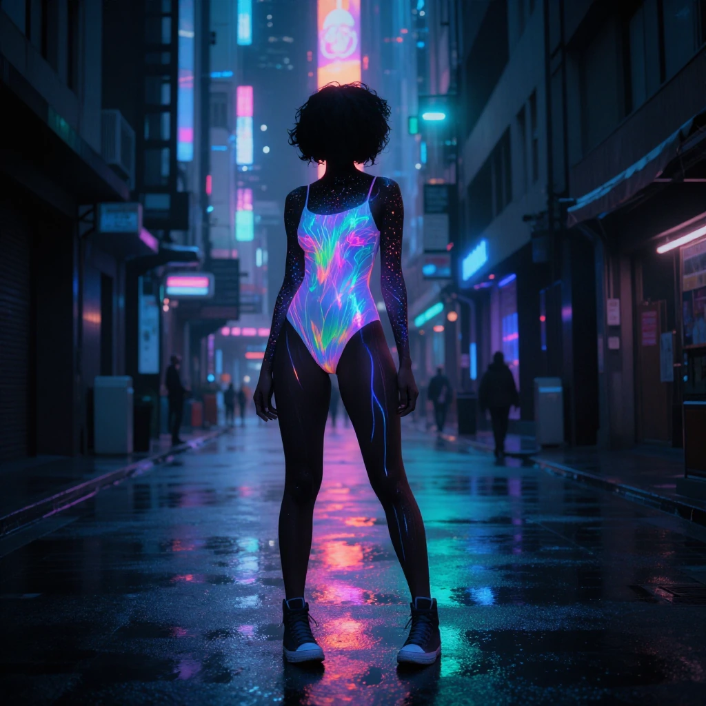 wide shot of a woman in a neon-reflective one-piece swimsuit, high-top nikes, standing in a cyberpunk street at night, body covered in iridescent holo