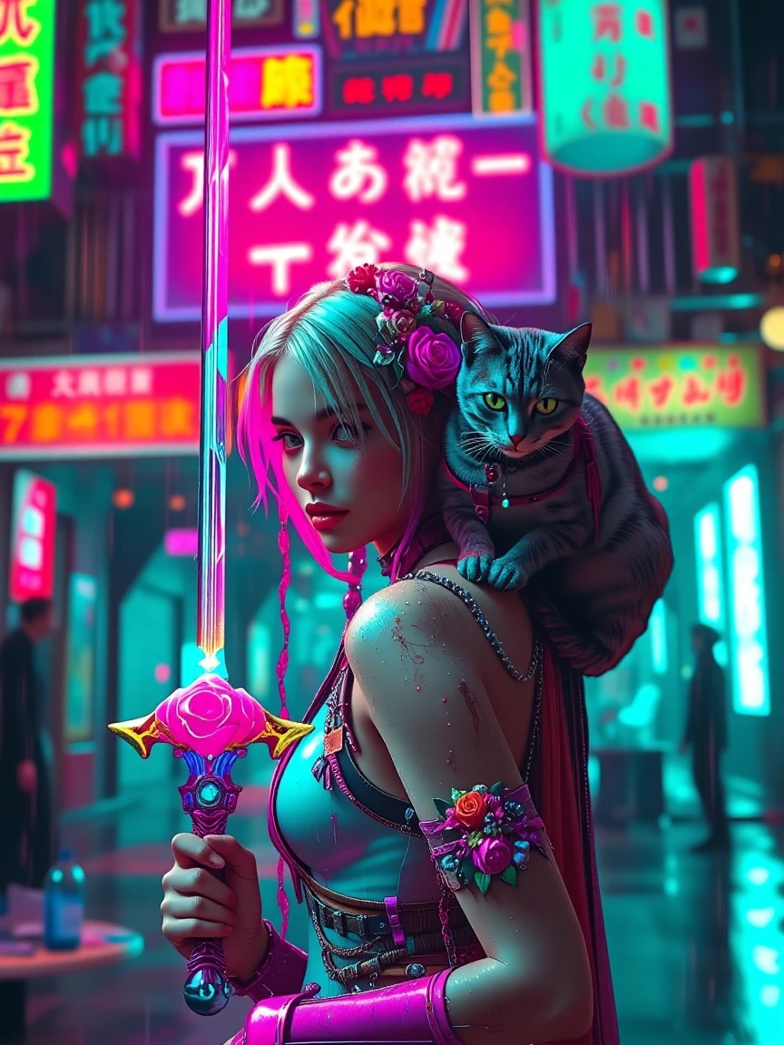 Floralpunk rose blade sword, woman warrior with a cat on her shoulder. Floralpunk background