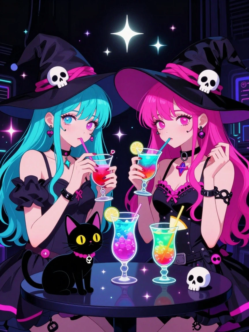 Vibrant anime witch girls with cyan and magenta hair holding colorful cocktails, black cat on a table , skull accessories, sparkles and stars, neon glow, dark background, cyberpunk magical girl aesthetic, digital illustration style, high contrast col