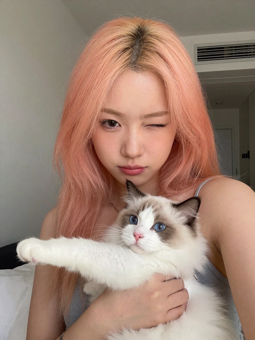 Crazy girlfriend pastel hair taking a selfie with her cat
