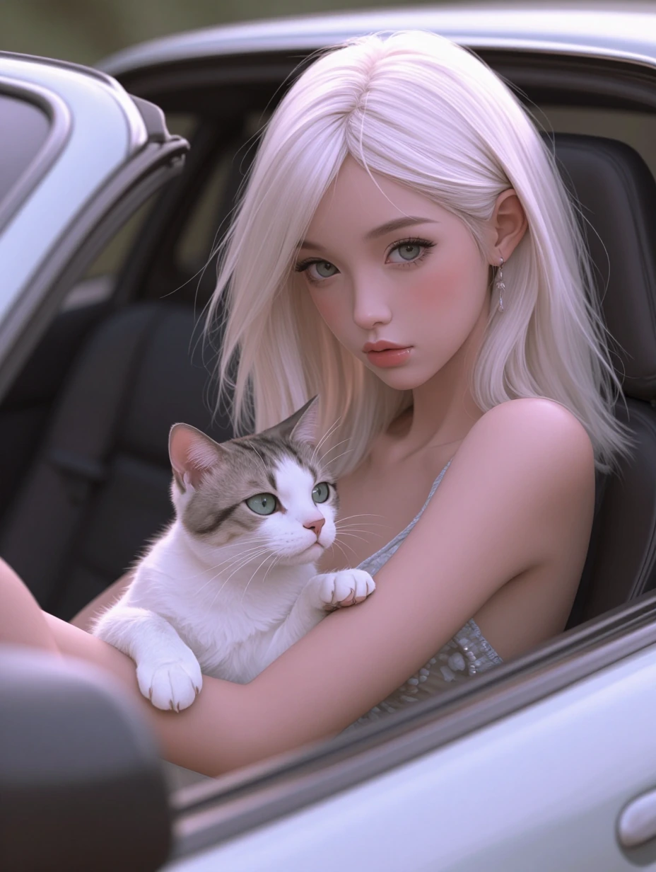 Beautiful woman, platinum, pastel hair, with a cat, in a sports car