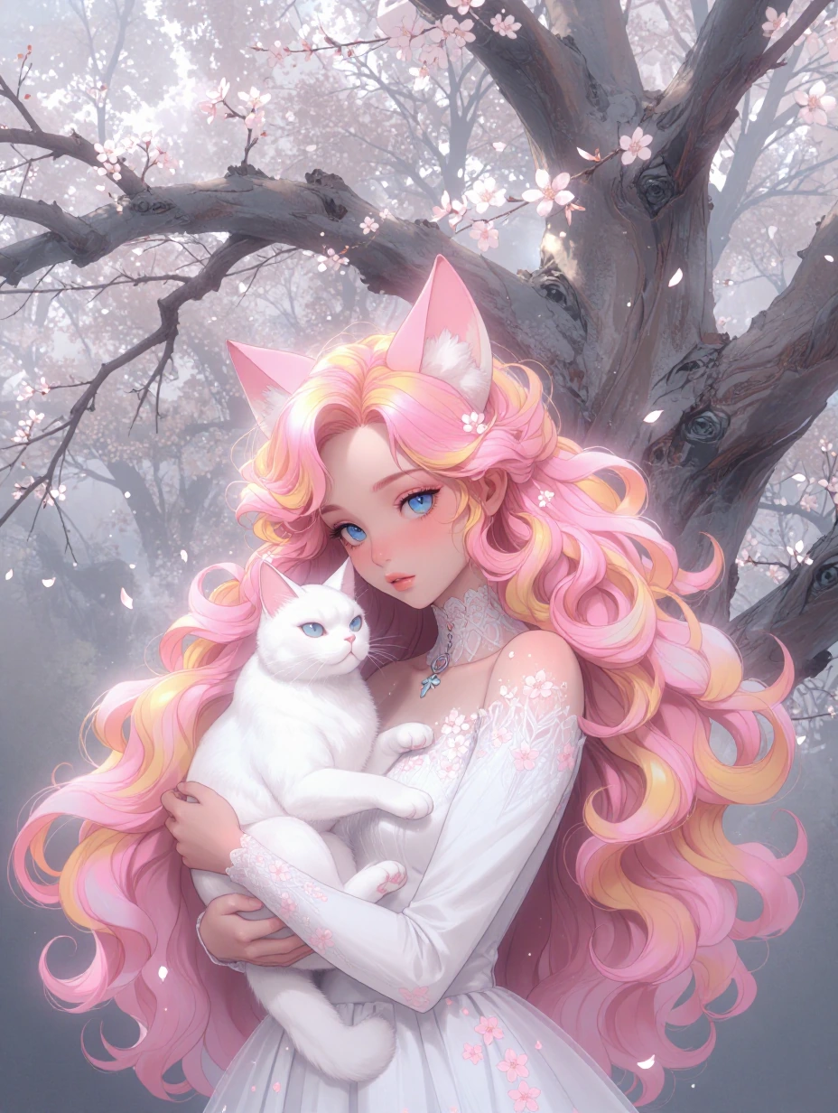 # Cherry Blossom Enchantment An ethereal anime character with flowing pink and golden ombre hair gazes serenely, her striking blue eyes framed by delicate features. She wears cat ears and an elegant white gown adorned with cherry blossom patterns, a