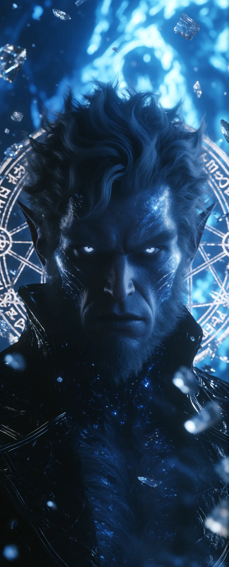 "A horrifyingly detailed vampire-werewolf hybrid with luminescent blue porcelain-like skin, glowing white eyes that pulse as if they are watching the viewer. His face is violently transforming—fractured shards of his skin breaking away, revealing raw