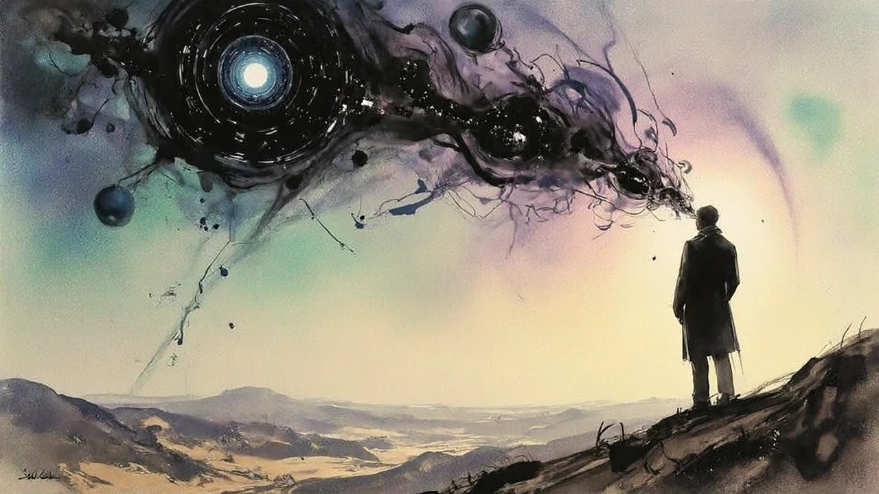 A surrealist masterpiece, mixed media, charcoal, oil, and watercolor of a man standing on an alien landscape, tormented thoughts escaping from his hea
