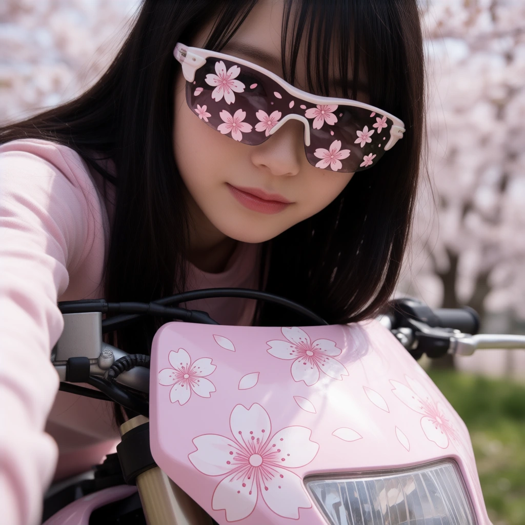 moto x doom woman in japan, with a cherry blossom inspired dirtbike, cherry blossom shades up close, personal, beautiful shot