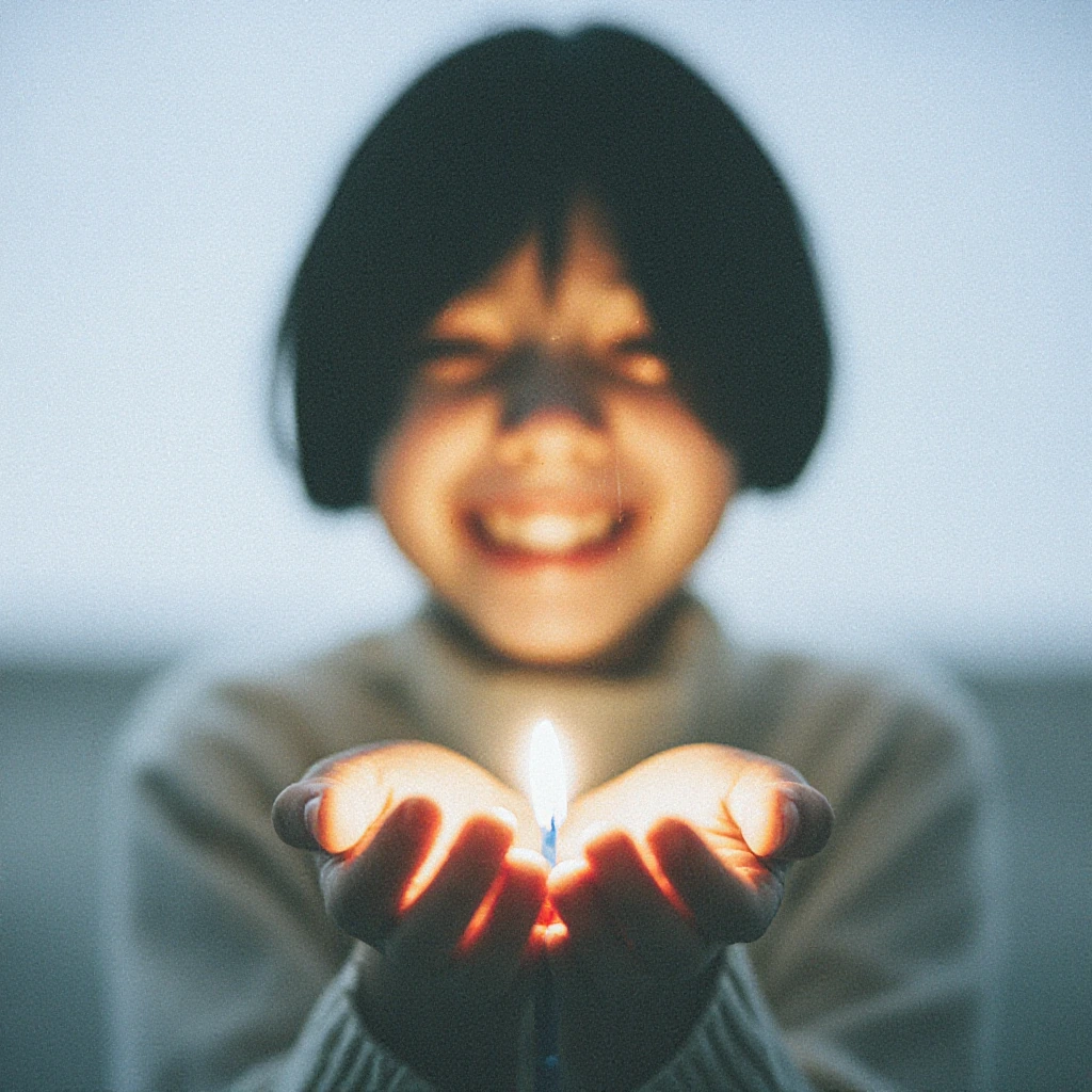ethereal portrait of a person holding light in cupped hands, tears of joy