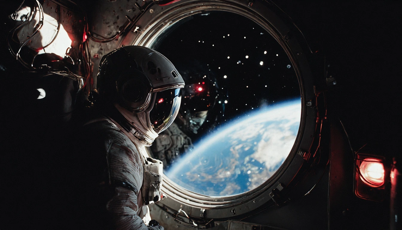A lone astronaut in worn, battle-scarred white spacesuit stands before a small circular porthole window inside a dimly lit space station corridor, gazing down at Earth below, metal bulkhead walls covered in scratched panels and exposed wiring, emerge