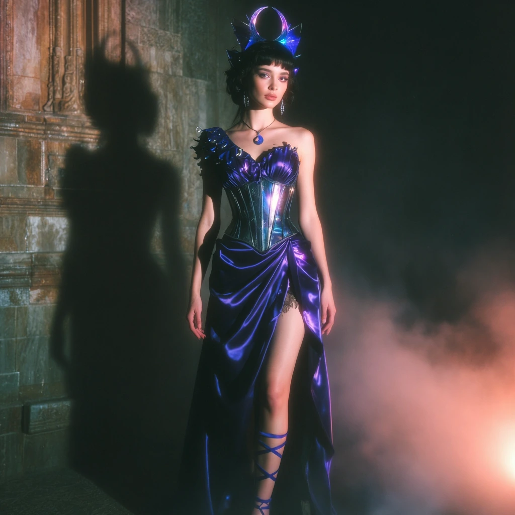 mid shot, ((Mystical)), Evening Grace, Lustrous ((satin ballgown)), Deep (tanzanite purple-blue), One-shoulder (bodice), Diagonal ruffle, (Silver) moon accents, Floor-length, Tanzanite ankle straps, Enchantress, Side-swept waves, Tanzanite moon penda