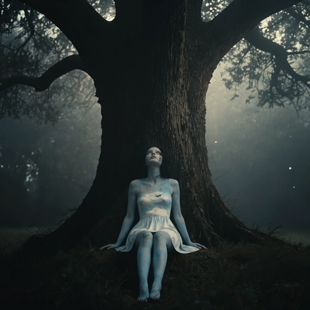 pale cloud blue skin woman with white cloud patterns on her mini dress. shes sitting under a tree where the bark of the tree is made of grass