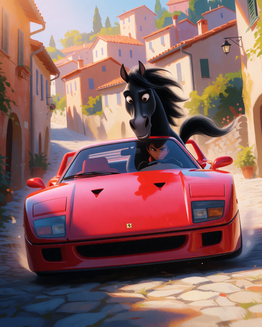 A sleek black stallion with human posture gripping a steering wheel inside a cherry-red Ferrari F40, leaning forward with intense focus, speeding thro