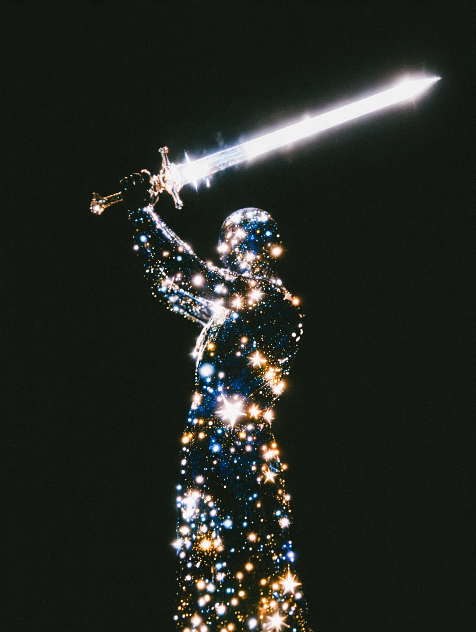 # Celestial Guardian A magnificent statue composed entirely of glittering stars and luminous particles stands silhouetted against darkness. The figure