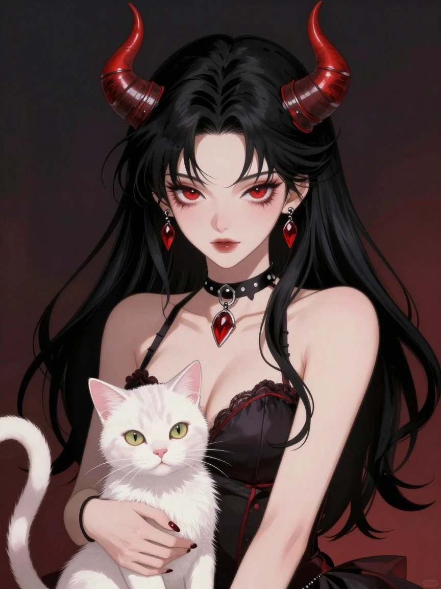 Anime devil woman with horns and a cat