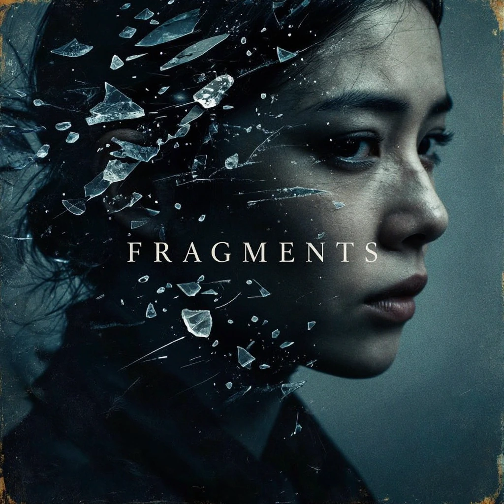 A dramatic and sombre film poster for the film ‘FRAGMENTS’. The central image is a dark and evocative close-up profile portrait of a dramatic woman’s 