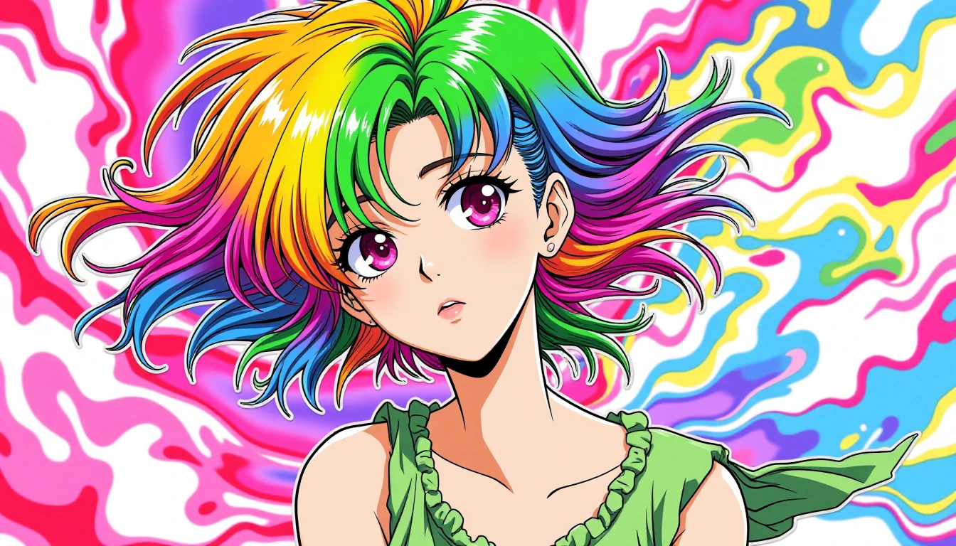1girl, rainbow hair, multicolored hair, looking at viewer, colorful, no pupils, abstract background, swirling, floating hair, raised eyebrow, masterpi