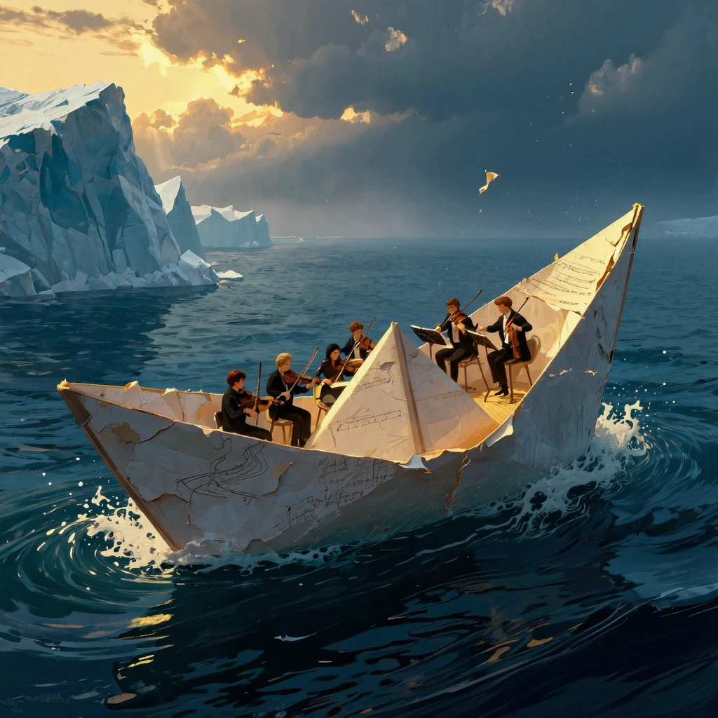 Delicate paper boat crumpling and sinking into deep ocean waters, jagged iceberg with crystalline blue-white surface in background, dramatic lighting with golden hour sun breaking through stormy clouds, tiny detailed orchestra of miniature musicians