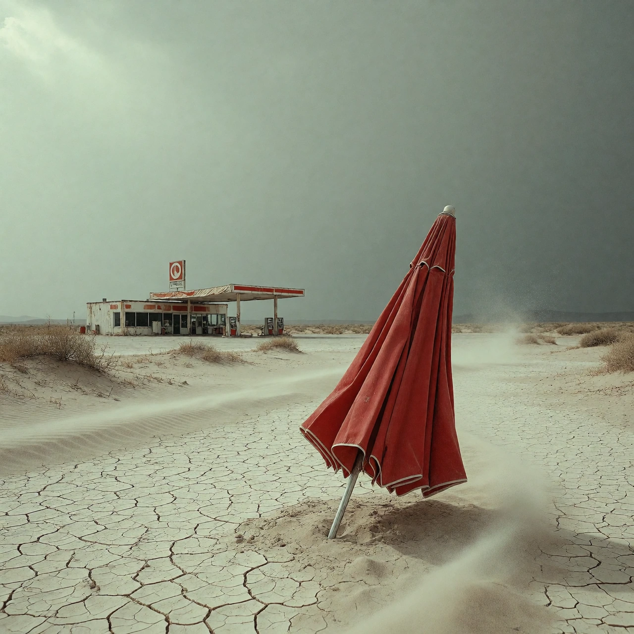 Cinematic horror film still of a single red beach umbrella, half-open and collapsed on its side, its pole half-buried in pale sand in the immediate foreground of a vast empty desert. The faded crimson canvas is the only saturated color in the frame, 