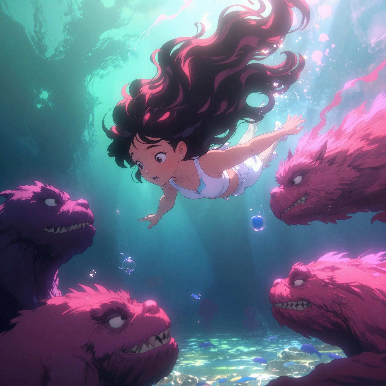 cartoon girl underwater swimming with furry monster creatures