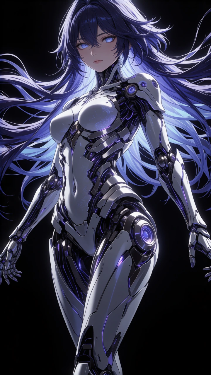 "Aetheria possesses a breathtaking synthesis of biological grace and advanced cybernetic engineering. Her overall silhouette is lean, powerful, and elegantly sculpted. • Organic Integration: Her skin retains the hyper-realistic texture of human flesh