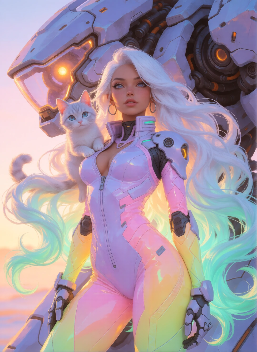 woman warrior long flowing platinum ombre hair with her cat and a giant mech, wearing a lavender pink yellow seafoam green jumpsuit, at sunrise
