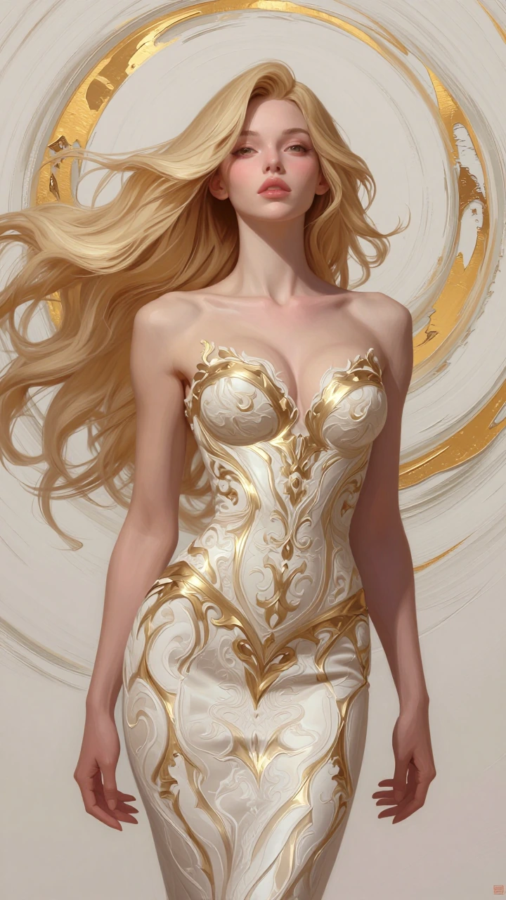 Digitally rendered high-fashion fantasy portrait of a confident woman with long flowing blonde hair, wearing an ornate regal white-and-gold form-fitting gown with intricate lace filigree and metallic embellishments, deep neckline, elegant powerful po