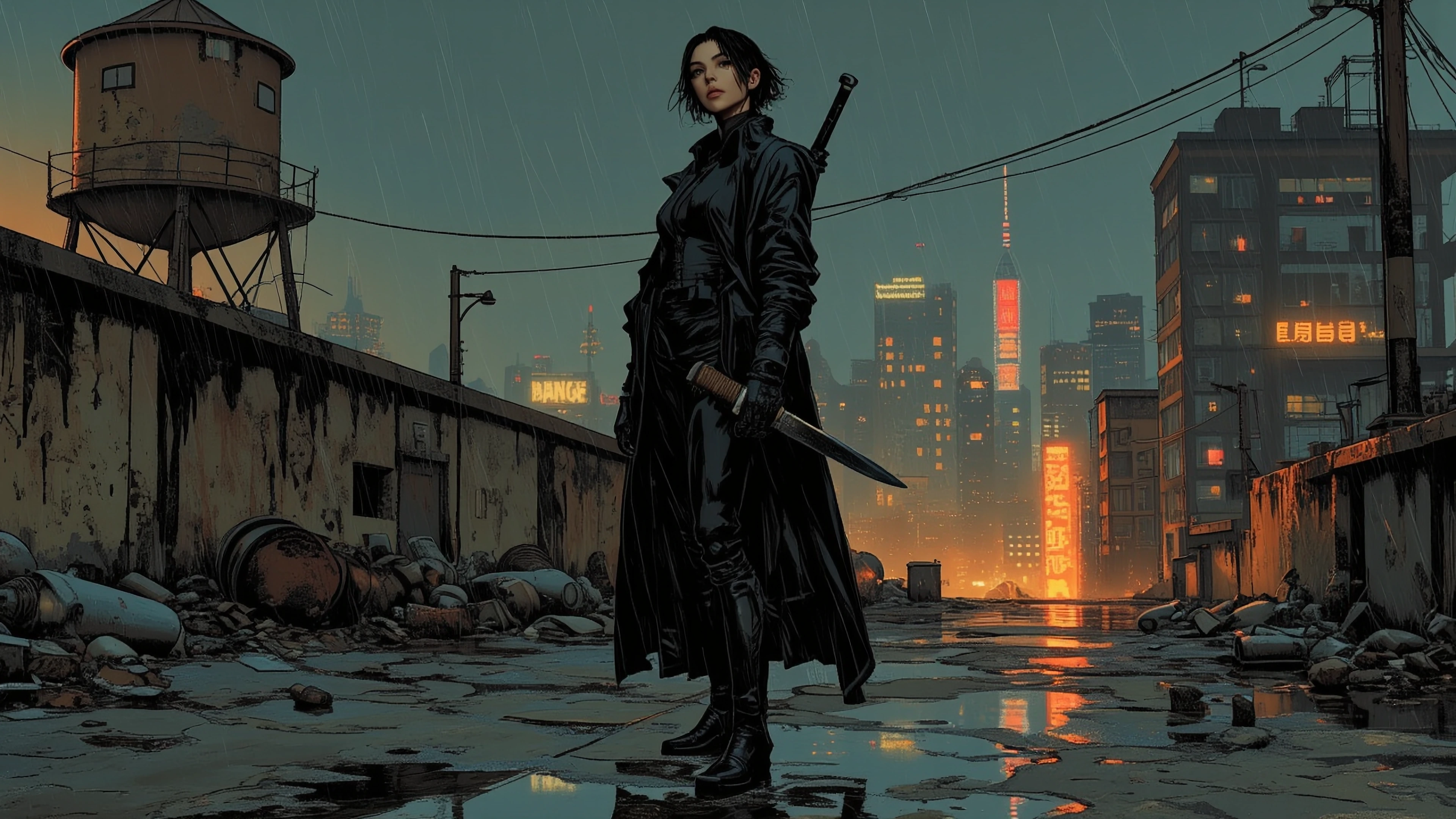 Cinematic framed keyframe in a raw, bold, hand-drawn avant-garde art style blending Frank Miller, Mike Mignola, and Bill Sienkiewicz. Thick, imperfect