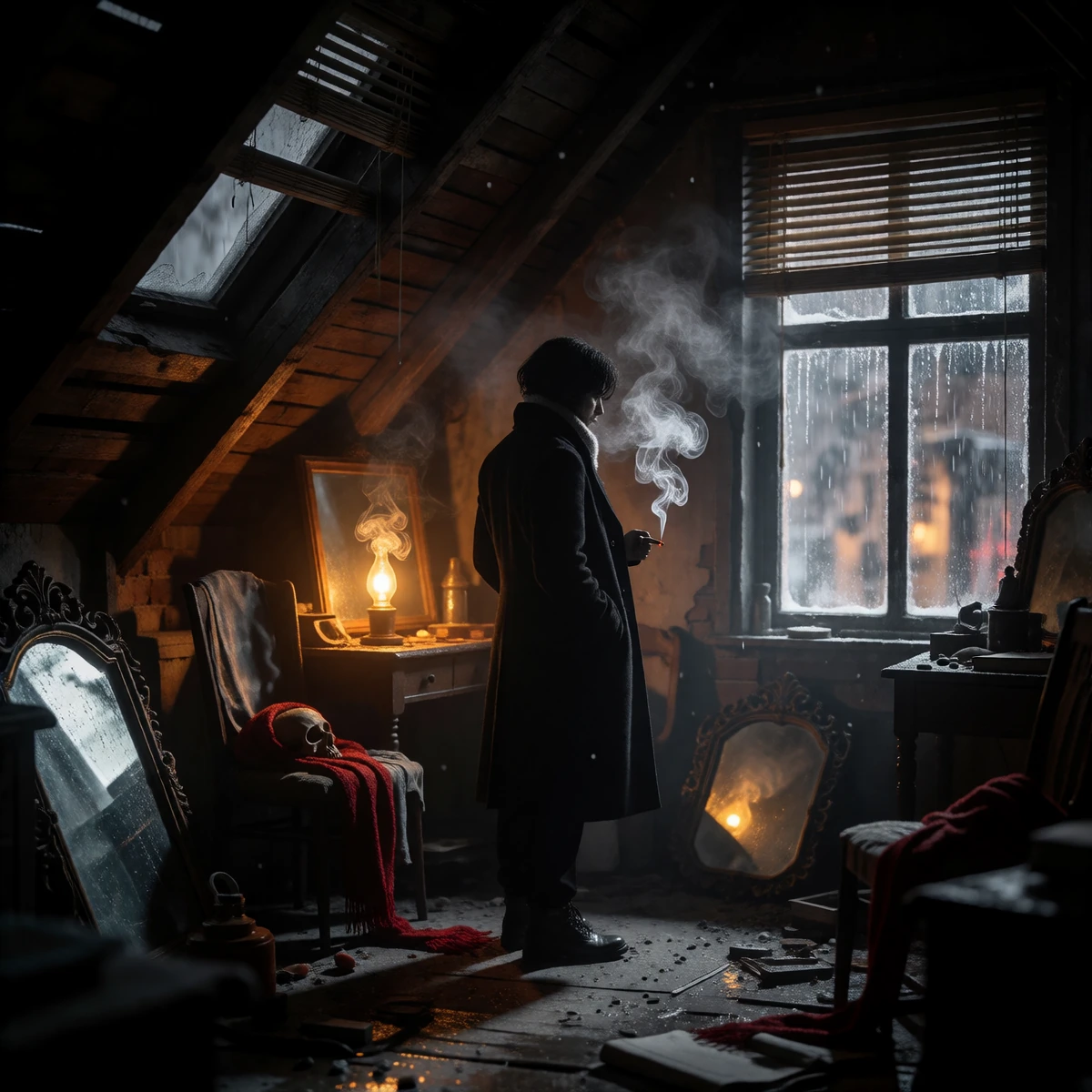 A solitary figure stands in a rain-soaked attic, whilst the shadows cast by the Venetian blinds sweep across the dilapidated walls and forgotten objects. A black-and-white scene bathed in the amber glow of a single flickering bulb. Cigarette smoke cu