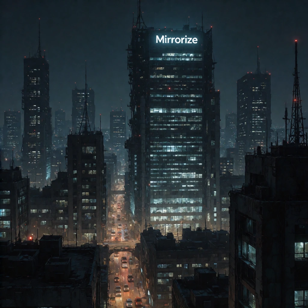high rise dystopian cityscape with a Mirrorize headquarters building glowing in the night