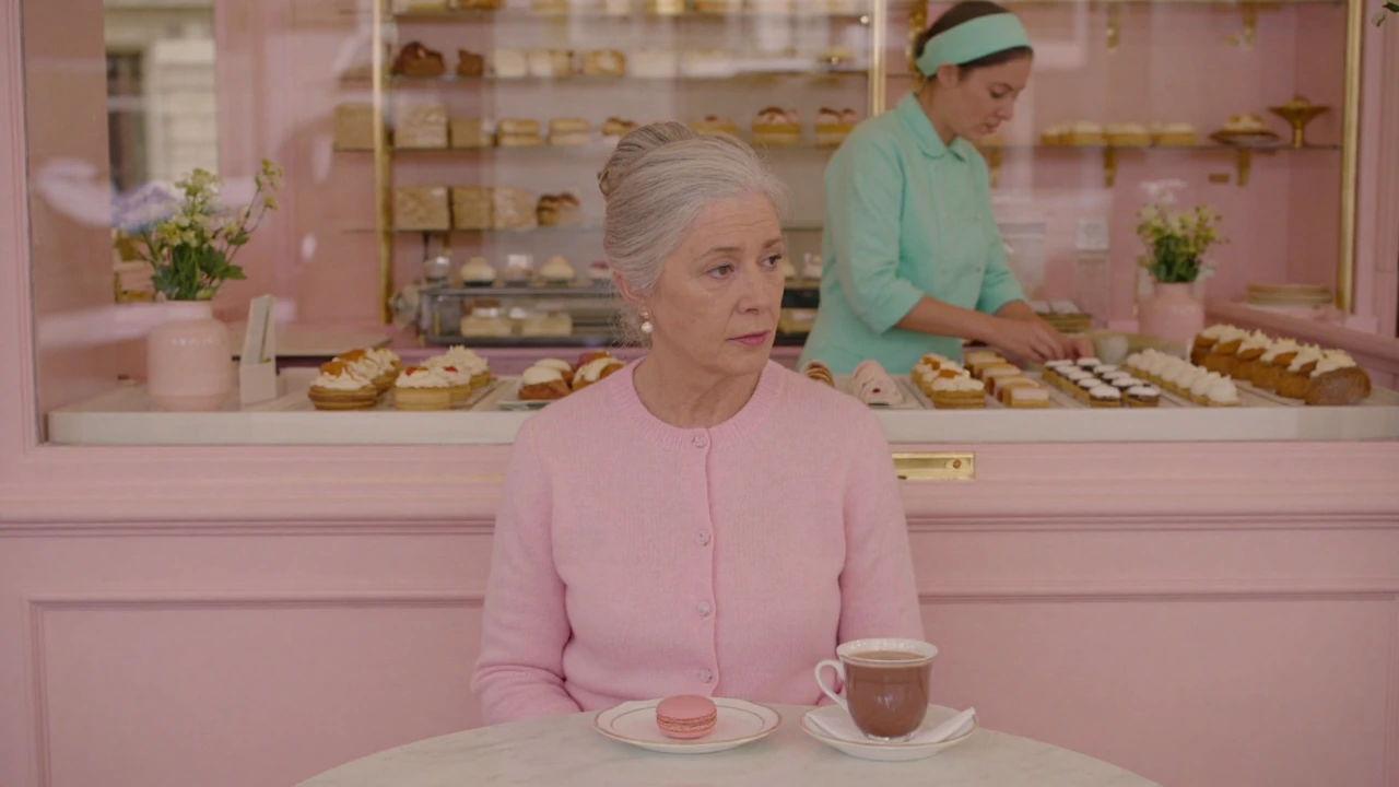 Wes Anderson cinematic style, perfectly symmetrical medium shot. An elegant elderly woman aged 72 with silver-white hair in a neat bun, wearing a pale pink cashmere cardigan and pearl earrings. She sits alone at a small marble table inside a vintage 