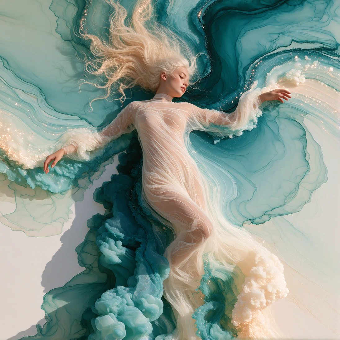 A young Caucasian woman, 21 years old, with pale skin, long flowing platinum blonde hair, and a relaxed, suspended horizontal pose, floating mid-air w