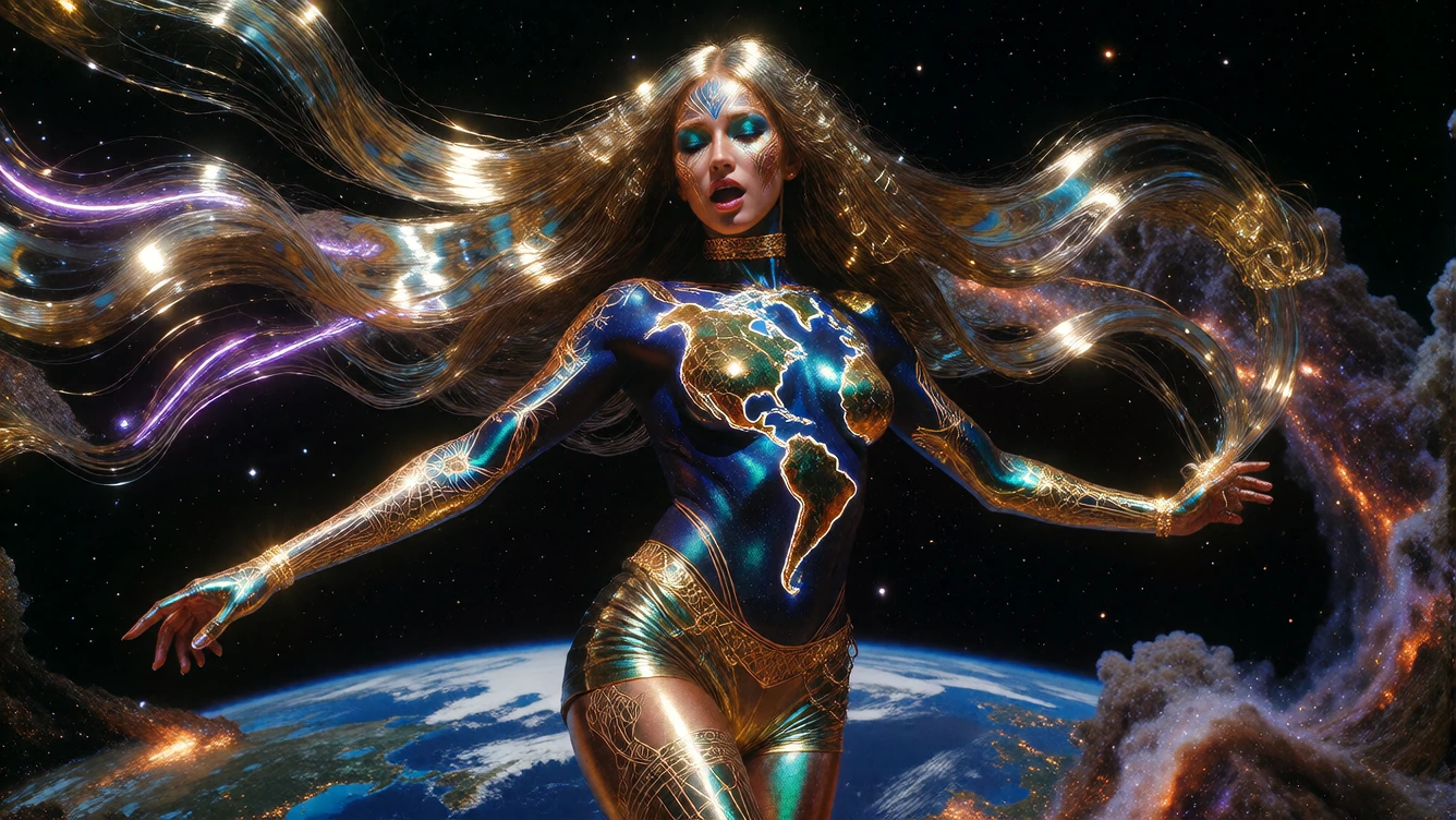 Supermodel Woman with Earth's continents and oceans painted across her skin in iridescent metallics continents traced in white henna like geometric patterns, oceans in deep blues and teals that shift across her body as she moves. Neon metallic bodysu
