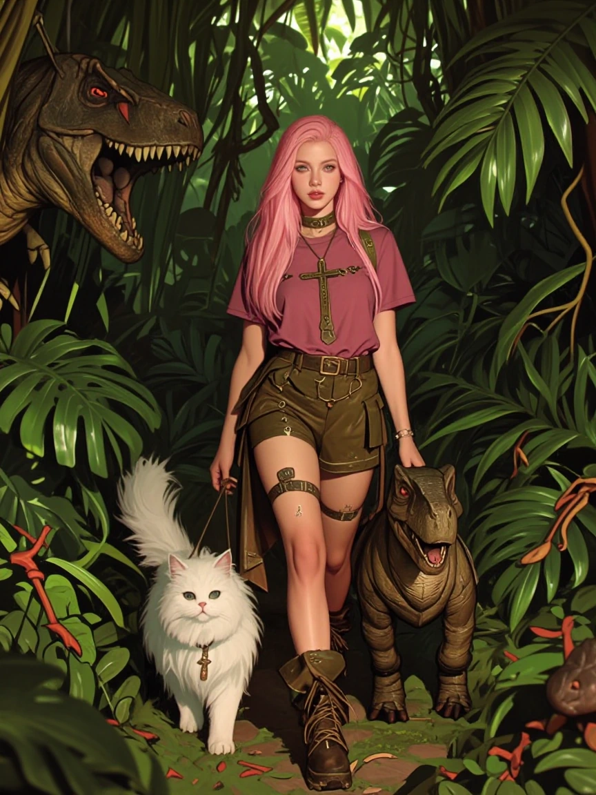 A beautiful woman, platinum pink hair with her fluffy white cat walks with her pet raptor dinosaurs through the jungle. Tropical vibe.
