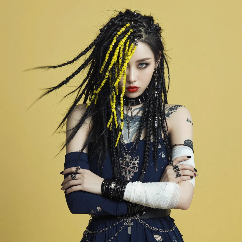 masterpiece, best quality, high aesthetic quality, amazing quality, realistic, rule of thirds, photorealistic, newest, absurdres, 1girl, black hair, long hair, pale skin, bare shoulders, grey eyes, lips, dreadlocks, makeup, collar, black eyes, white