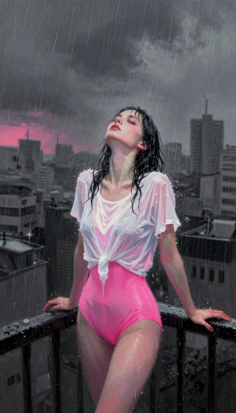 A woman stands on a rain-soaked balcony, her head raised towards the sky, her eyes closed. Pounding rain falls around her in dramatic diagonal lines. 