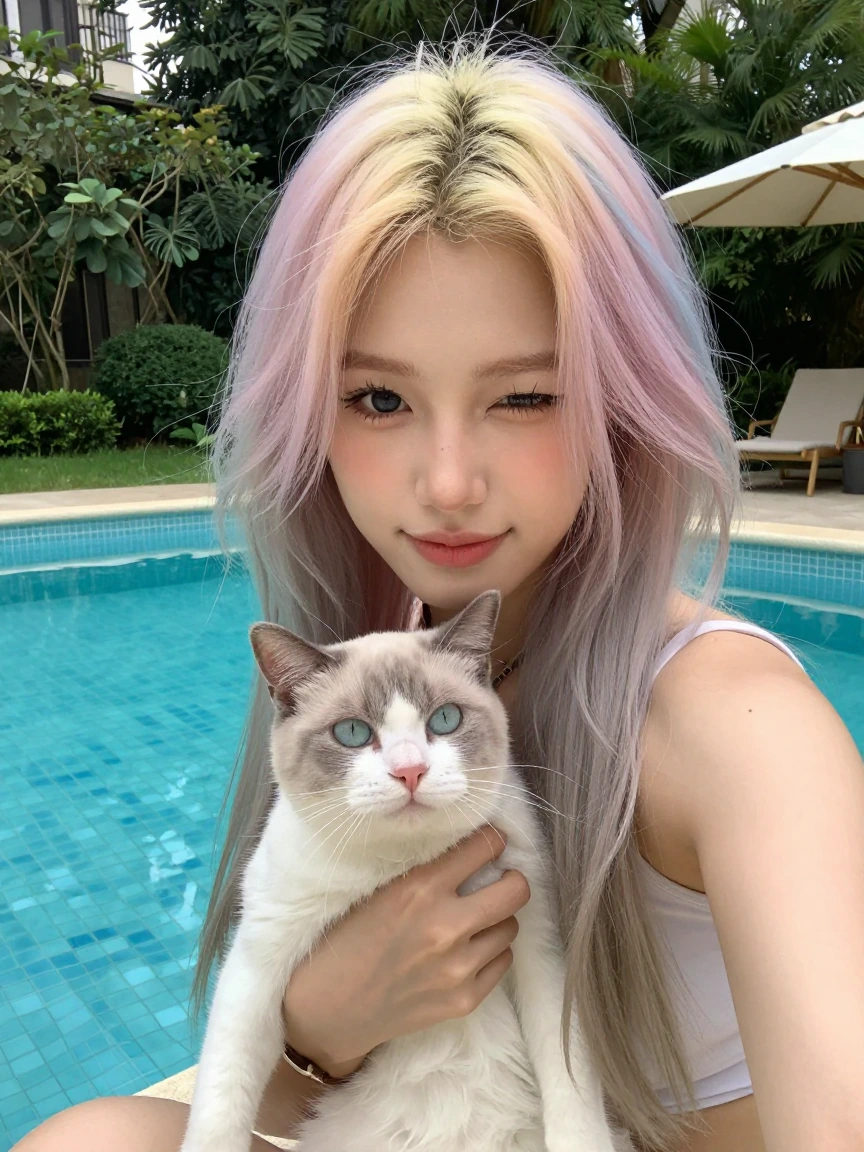 Crazy girlfriend pastel hair taking a selfie with her cat at the pool