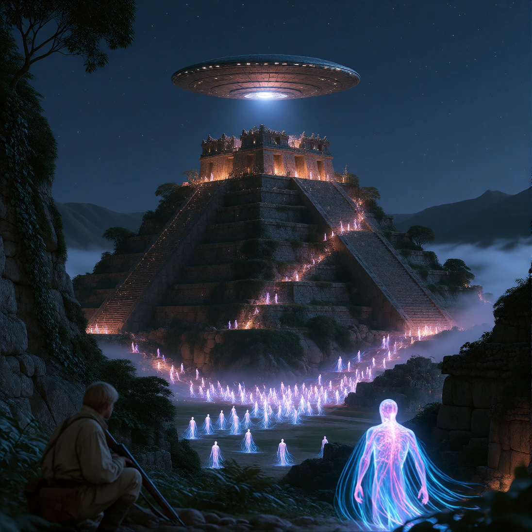 Night-time aerial view of an ancient Incan stone ziggurat city, every block fitted without mortar, overgrown with creeping vines and moss; atop the central pyramid, a metallic disc UFO rests in perfect alignment with the stepped architecture below. T