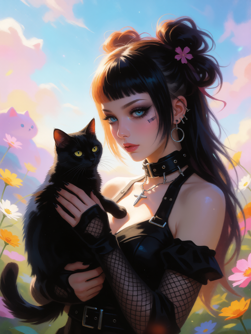cyberpunk Goth woman with a black cat, dreamlike, painterly scene, fantasy style, beautiful colors and details. Soft light, surreal and whimsical, bright hues, deep shadows